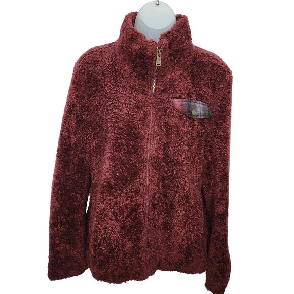 Pendleton Western Maroon Ladies Fuzzy Sherpa  Zipper Front Plaid Accent Jacket L - Picture 1 of 12